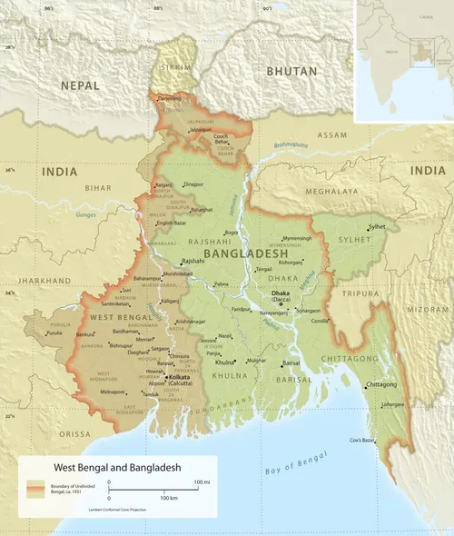 Modern West Bengal and Bangladesh, as well as the historical extent of undivided Bengal.